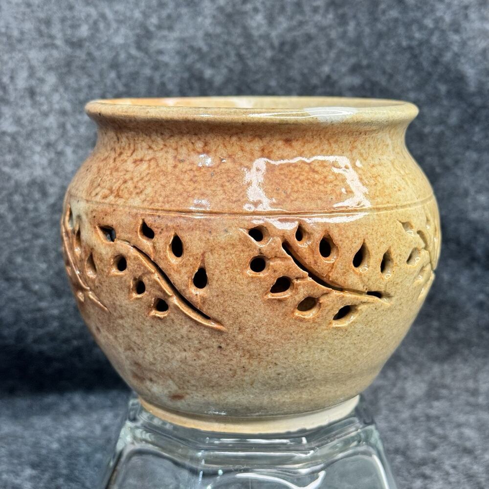 Pottery Signed Sunset Beige Brown Drip Leaf Patter Cut Out Stoneware Plant Pot